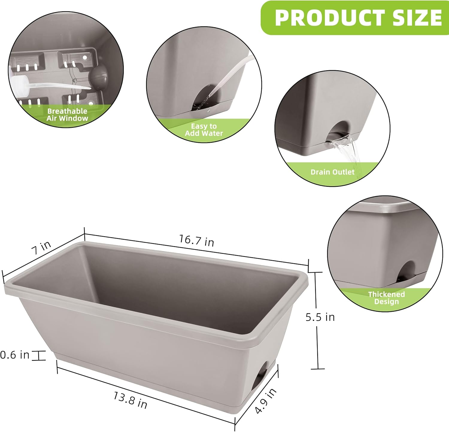 LOCONHA Window Box Planter, 12 Pack Plastic Vegetable Flower Planters Boxes 17 Inches Rectangular Flower Pots with Saucers for Indoor Outdoor Garden, Patio, Home Decor (Brick RED) (French Grey)