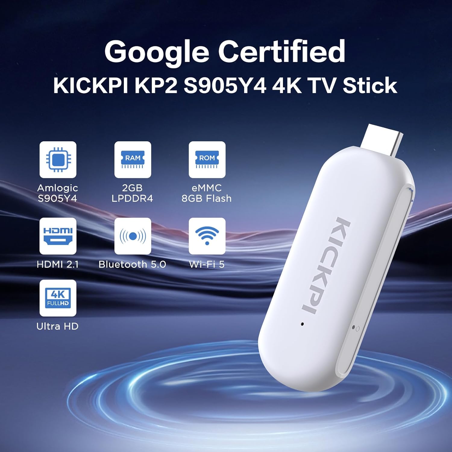Android TV Stick 12.0, KICKPI KP2 Smart TV 2GB RAM 8GB ROM Goo gle Assistant Dolby Audio, GTV TV Stick 4K Support HDR 4K Chromecast Streaming Device with Amlogic S905Y4 (White)