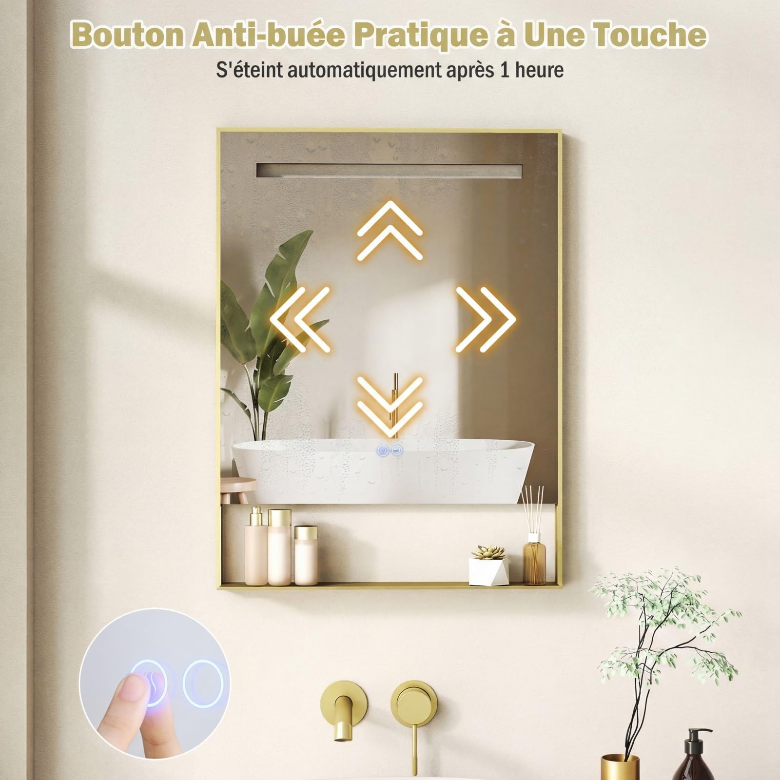 RELAX4LIFE Miroir LED Salle de Bain avec Étagère, Miroir Lumineux Salle de Bain Anti-buée, Lumière Réglable 3000K-6000K, Cadre en Aluminium, Contrôle Tactile (80x60 cm,Doré)
