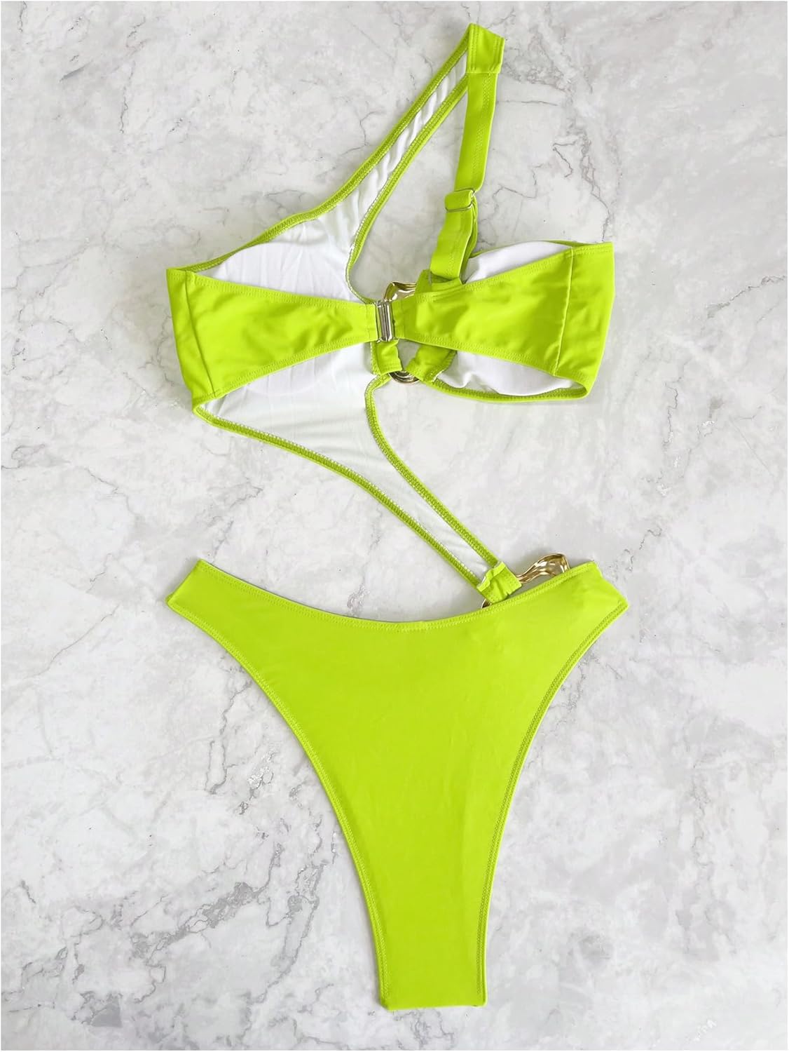 OYOANGLE Women's Ring Linked Cut Out One Shoulder One Piece Swimsuit High Cut Bathing Suits