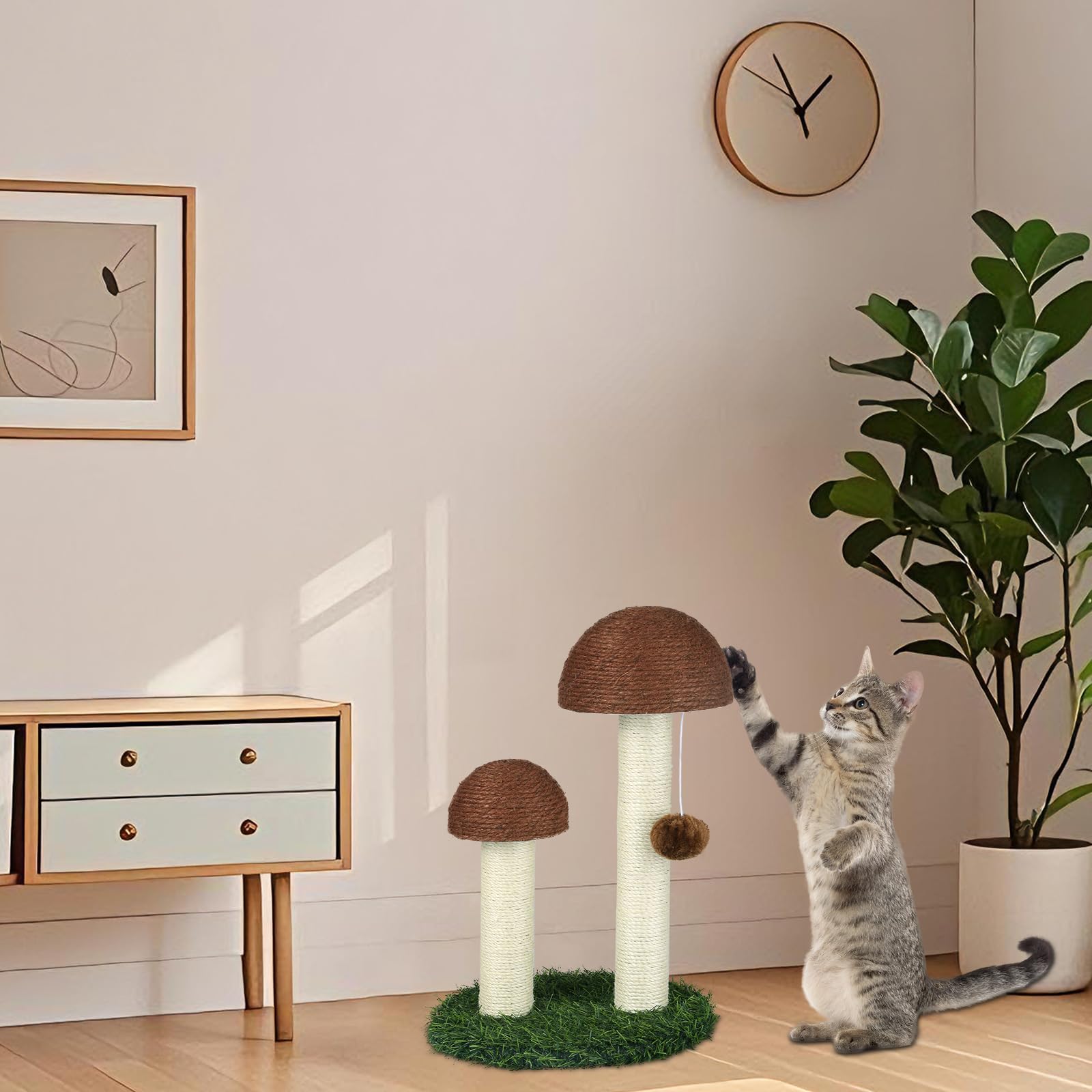 Arbre a Chat Fleur avec Gros Griffoir, Griffoir Chat Poteau Sisal à Griffer en Forme de Champignon pour Chaton Marron 47cm-30 * 30 * 47cm