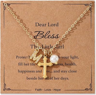 Initial A-Z Pearl Cross Necklace for Girls Teen,First Communion Baptism Confirmation Christian Gifts for Her Daughter