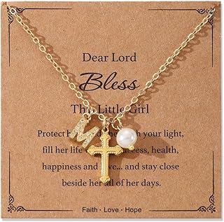 Initial A-Z Pearl Cross Necklace for Girls Teen,First Communion Baptism Confirmation Birthday Gifts for Her Goddaughter