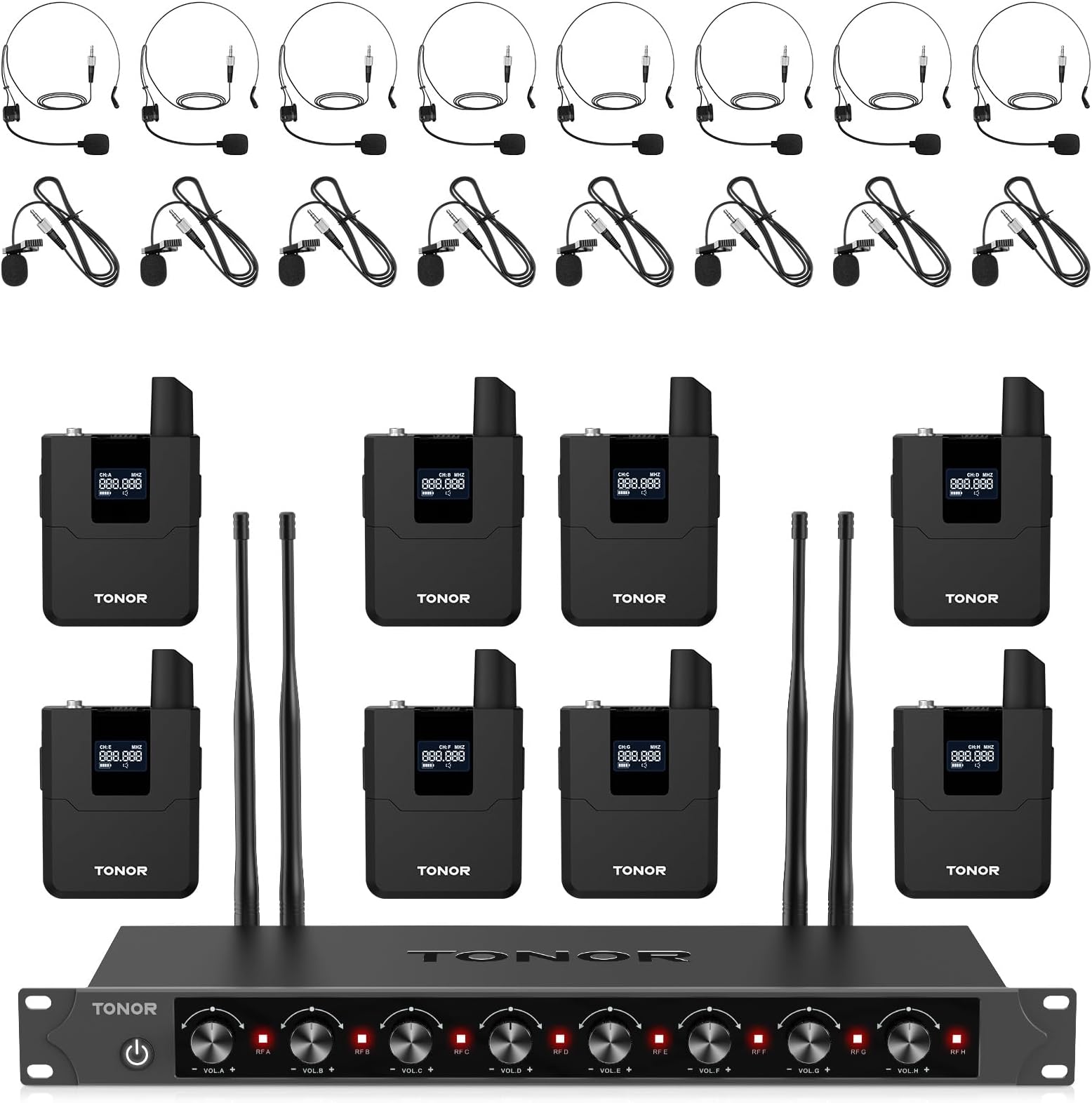 TONOR Wireless Microphones System with 8x12 Channels Headset/Lavalier Lapel Mics, Bodypack Transmitter, Receiver, 90 m/295ft UHF Range for Church Conference Performance Singing Karaoke PA Speaker