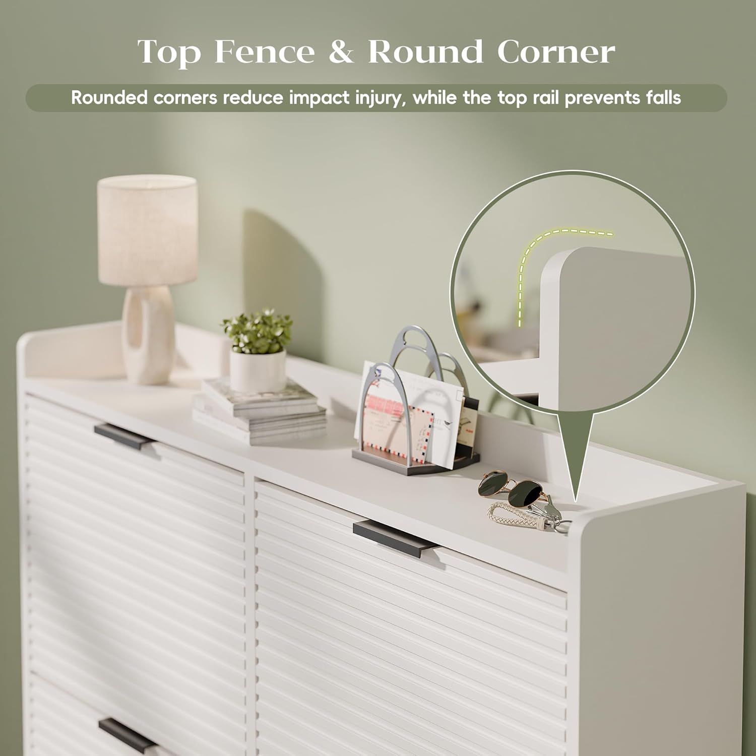 MU 46.5" W Fluted Shoe Storage Cabinet for Entryway, Shoe Cabinet with 4 Flip Drawers, Narrow Wood Shoe Rack Cabinet, Freestanding Hidden Shoe Organizer with Wooden Legs for Hallway, Entrance, White