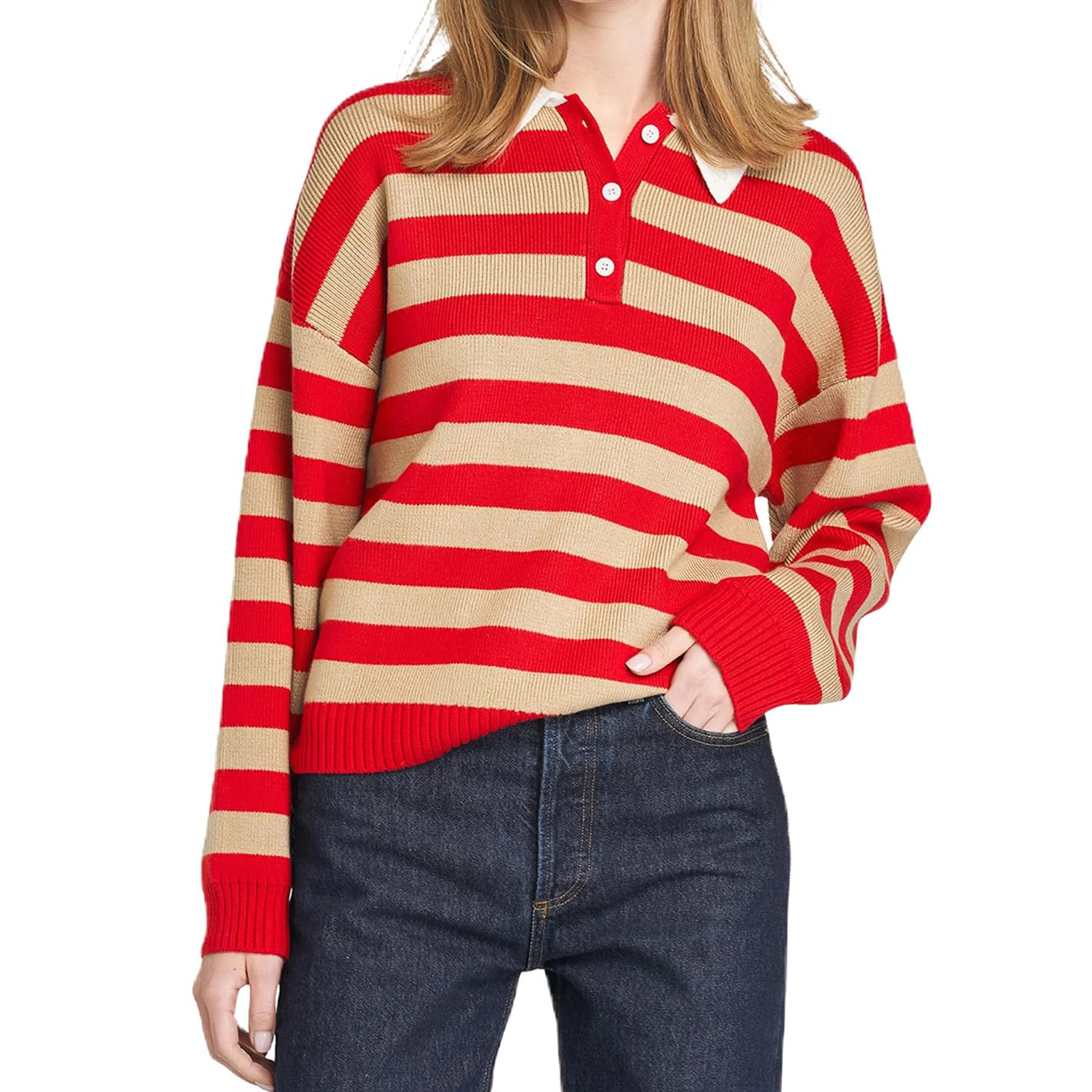 Bocymolay Women Rugby Polo Striped Sweater Button Collared Oversized Shirt Preppy Pullover Sweaters Knit Sweatshirt