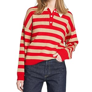 Bocymolay Women Rugby Polo Striped Sweater Button Collared Oversized Shirt Preppy Pullover Sweaters Knit Sweatshirt