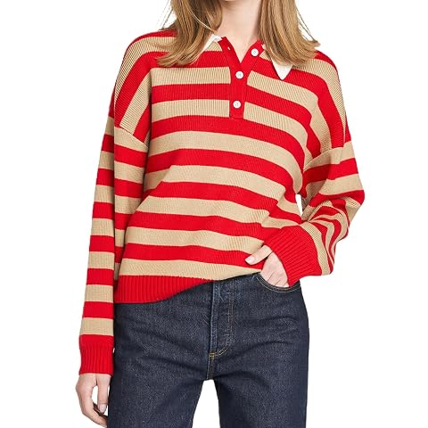 Bocymolay Women Rugby Polo Striped Sweater Button Collared Oversized Shirt Preppy Pullover Sweaters Knit Sweatshirt