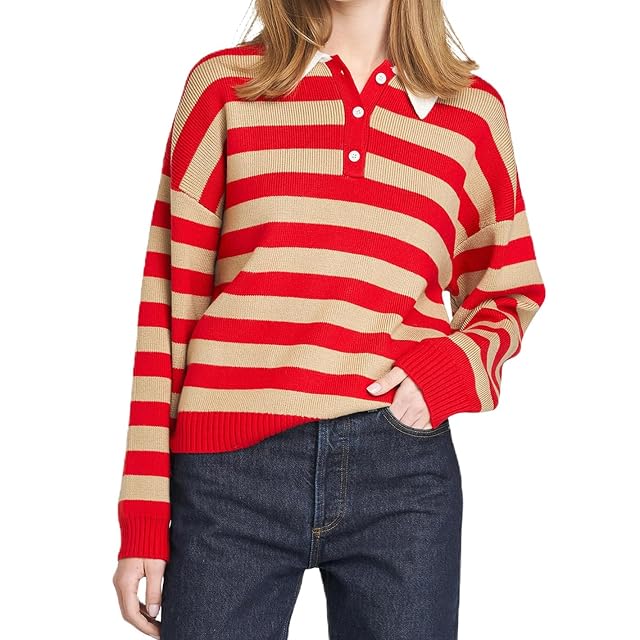 Bocymolay Women Rugby Polo Striped Sweater Button Collared Oversized Shirt Preppy Pullover Sweaters Knit Sweatshirt