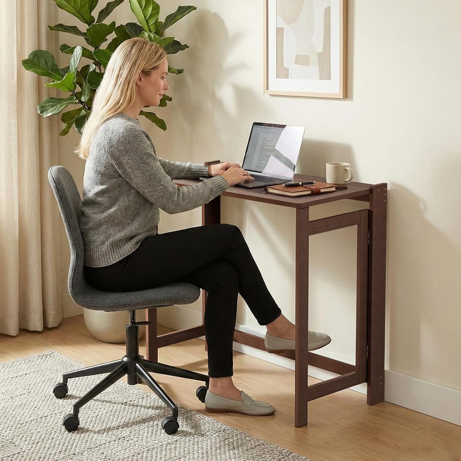 Bamboo Folding Desk 32.68 Inch, Small Writing Computer Desk for Small Spaces Home Office, Space Saving Foldable Desk for Bedroom Study, Easy Assembly, Brown