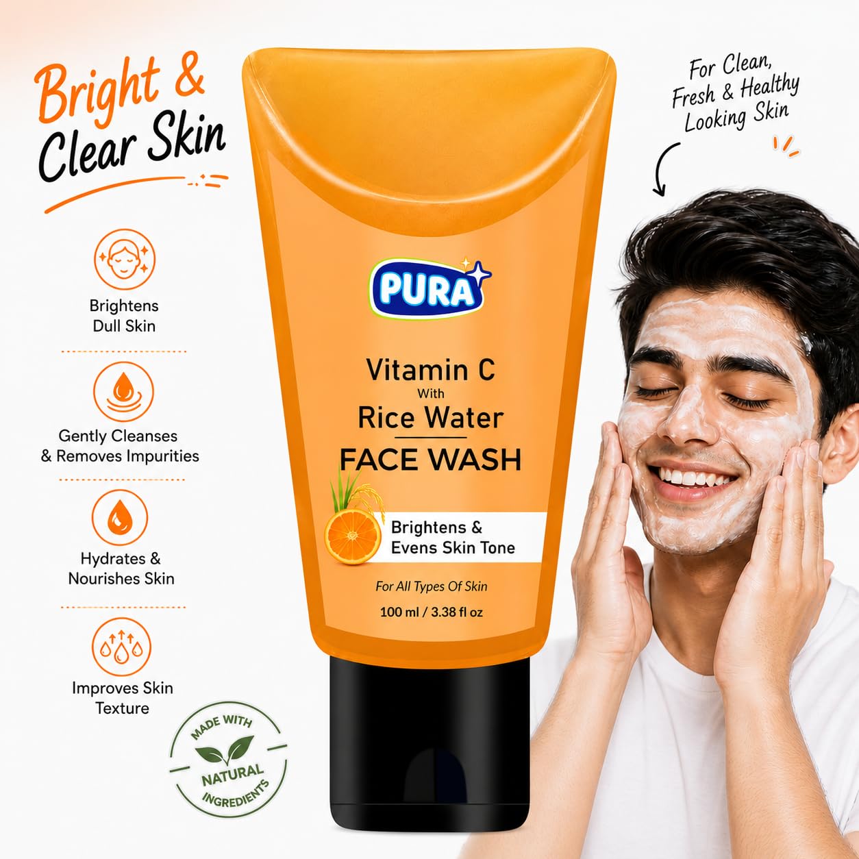 Vitamin C Face Wash with Rice Water for Clean Clear Complexion & Natural Glow Enhancing Daily Face Cleanser, 100ml 1
