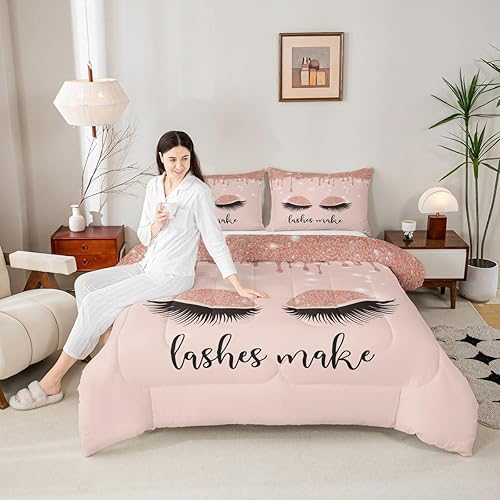 Juego de edredón para niñas, tamaño Queen, color rosa, lindo juego de ropa de cama de pestañas con lindo estilo princesa de dibujos animados,