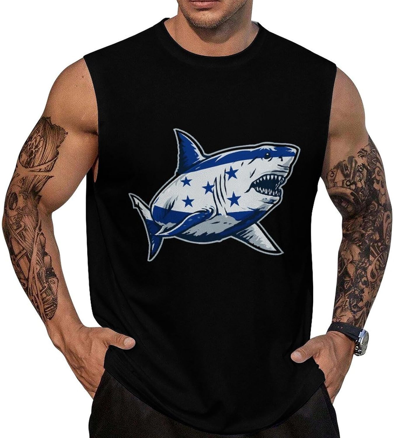 Honduras Flag Shark Men Summer Sleeveless Crew Neck Top 5XL