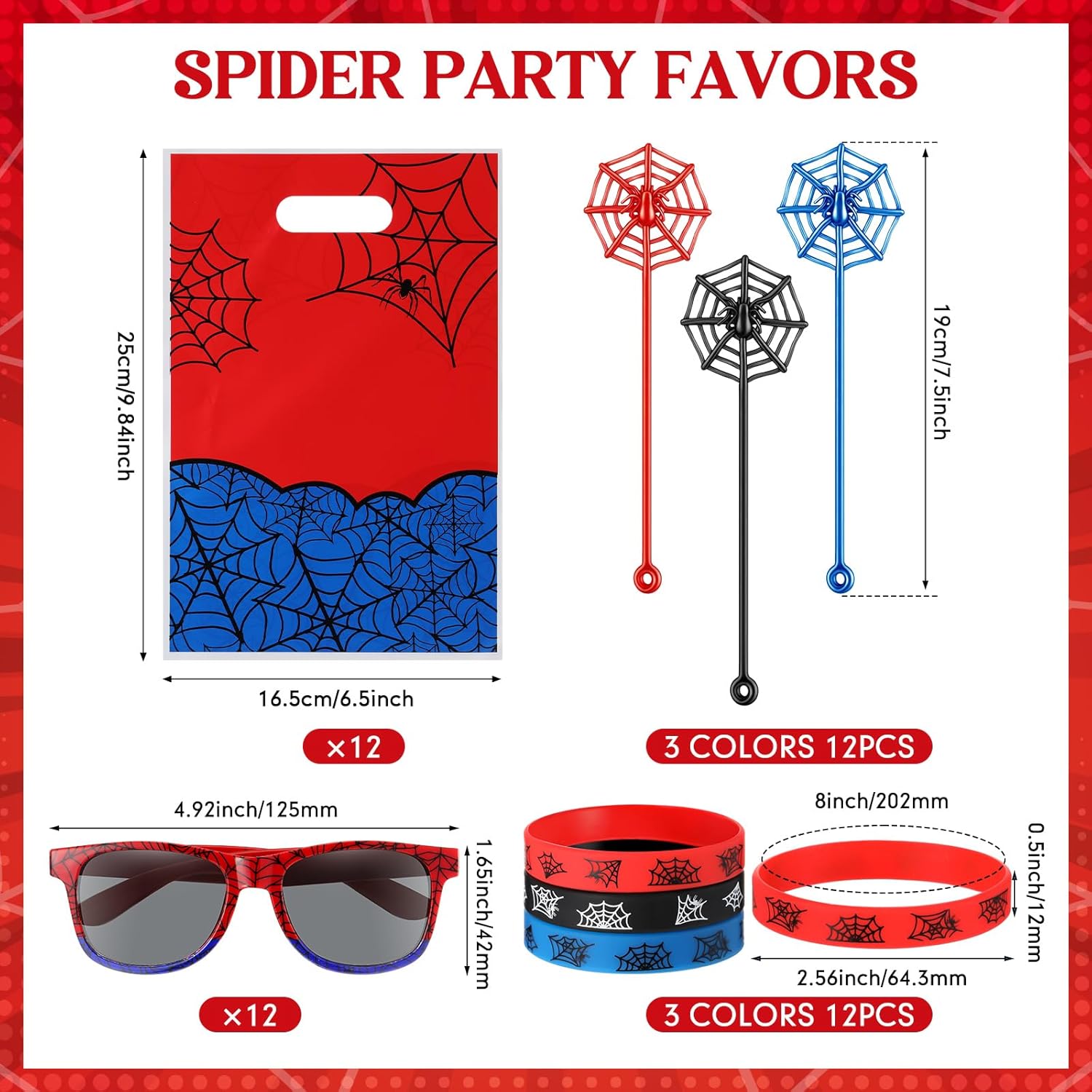 Soulchen 48 Pieces Spiderweb Birthday Party Decoration Set Spiderweb Gift Bags Spider Silicone Bracelet Sunglasses Cobweb Sticky Hands Toys for Birthday Party Supplies Favors (Classic)
