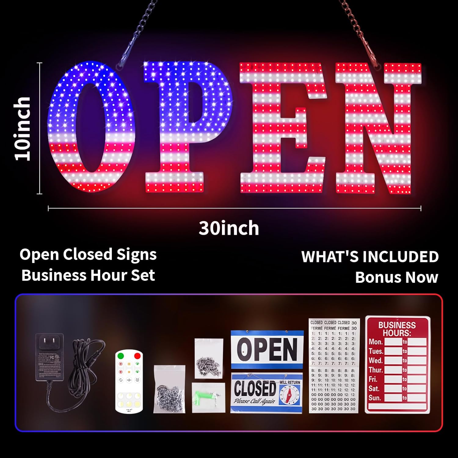 30x10 Inch LED Open Sign American Flag, Super Bright Steady & Flash Modes with Hanging Chain, High Visibility for Restaurant Bar Salon Retail Hotel Shop Window