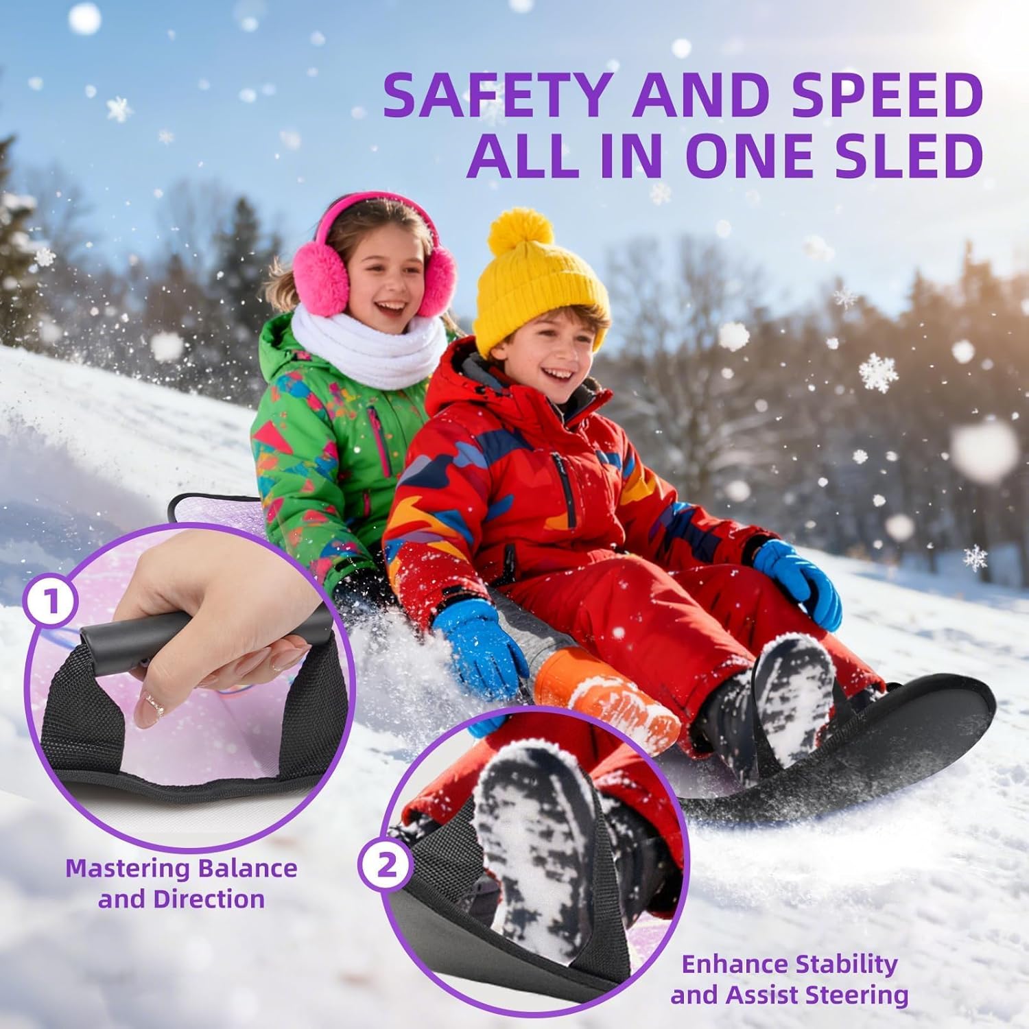 45" x 18" Foldable Snow Sled for Adults & Kids,Winter Snow Sleds with Handles for Steering, Portable Winter Sled for Snow Riding & Tobogganing
