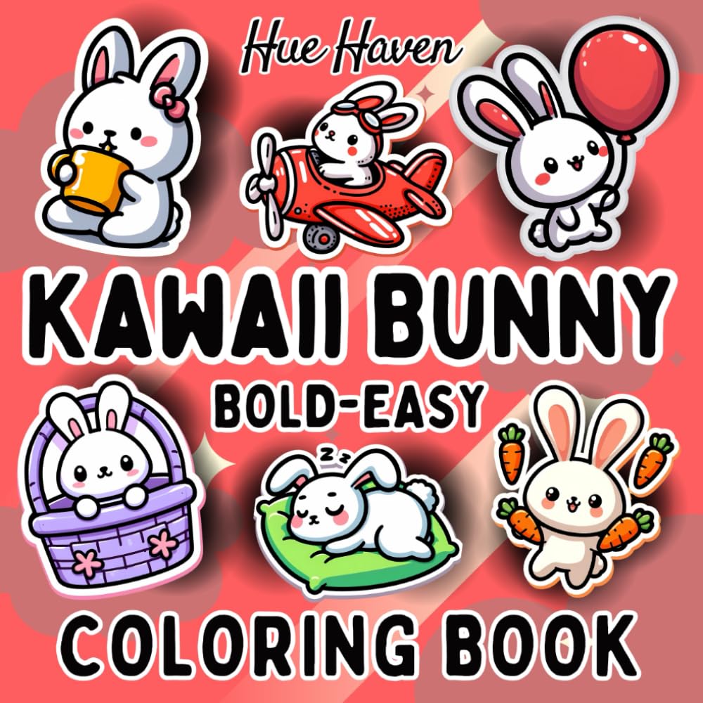 Kawaii Bunny: Easy and Bold Coloring Book for Kids and Adults Simple Stress Relief Designs of Cute Rabbits.