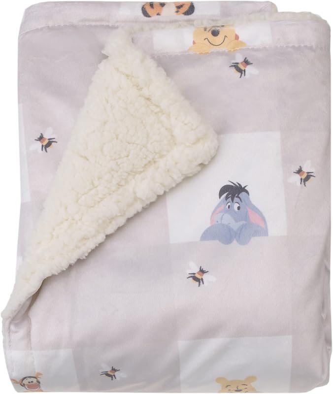 Disney Winnie The Pooh Hugs and Honeycombs Grey and White Plaid with Piglet, Tigger and Eeyore Super Soft Sherpa Baby Blanket