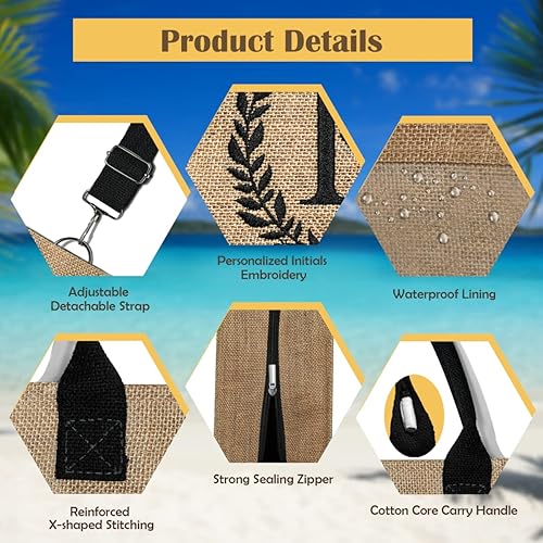 Miniatura 6 de QLOVEAInitial Canvas Tote Bag Makeup Bag, Beach Bag with Zipper, Personalized Birthday Gift for Mom Grandma Sister Friends