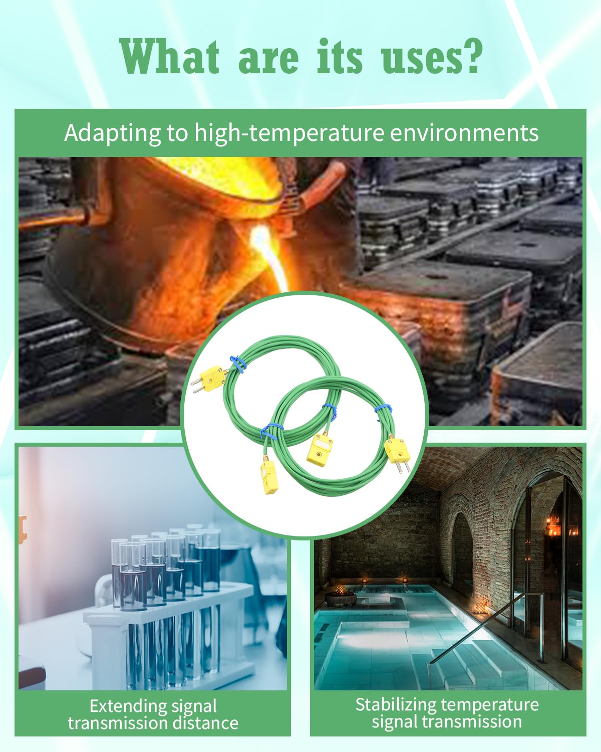 K-Type Thermocouple Extension Cable 118 Inch, Green Type K Thermocouple Wire with Male & Female Connector, -200°F to 2500°F Temperature Signal Extension 2 Pack