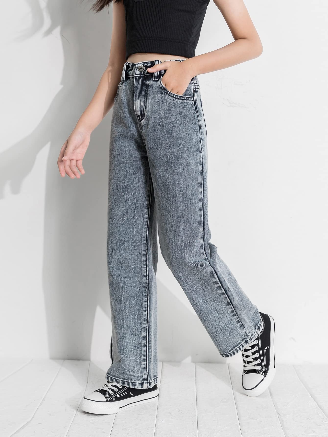 Floerns Jeans largos de mezclilla de cintura alta y pierna recta con bolsillo