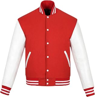 Herren-Unijacken mit Wollkörper und Lederärmeln, klassische Retro-Letterman-Motorrad-Bomberjacke im Streifenstil, Herren-Unijacke, Wollkörper und Lederärmel