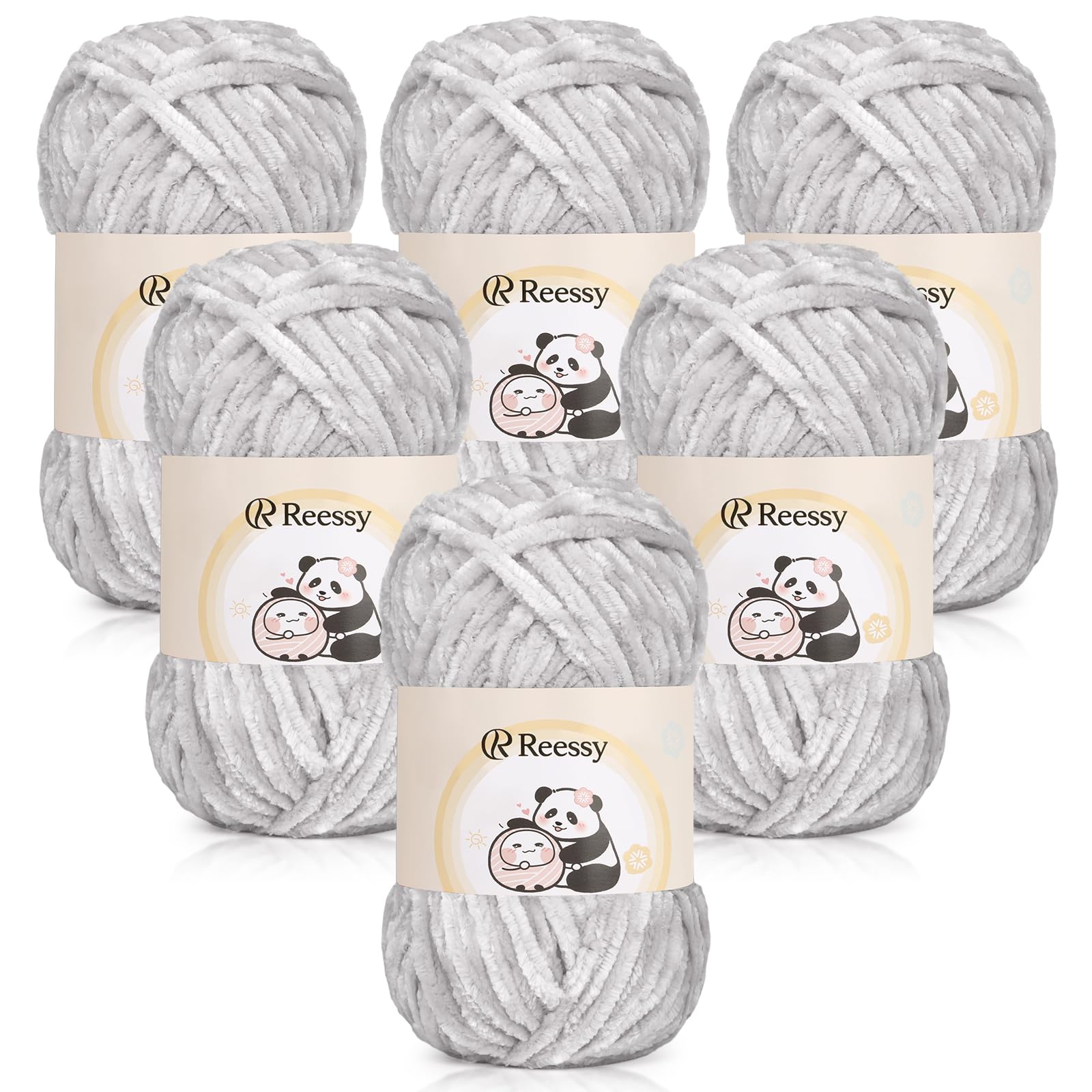 Reessy Chenille Yarn 600g(6×100g), Super Soft Fluffy Velvet Yarn Set, Thick Wool Grey Yarns for Knitting and Crochet Amigurumi, Handbag, Blankets, DIY(Light Grey)