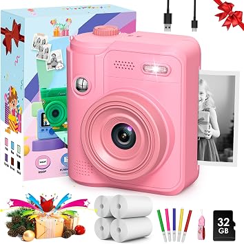 Gofunly Kids Camera Instant Print 6 Layers of Protection Kids Camera, Prints in 1 Second, 5 Rolls of Printing Paper Print 400 Photos with 32Gb Card, Creative Birthday Gifts for Age 4-10 Girls Boys