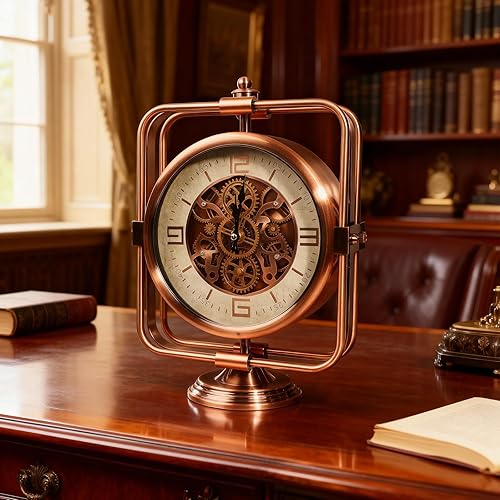 Miniatura 6 de DORBOKER Moving Gears - Reloj de escritorio, reloj de manto, arte industrial steampunk, relojes decorativos para sala de estar, casa de campo, Cobre