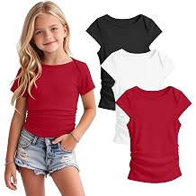 3 Pack Girls Cap Sleeve T-Shirts Kids Boat Neck Shirts Ruched Side Slim Fit Tops Knit Summer Casual Tees 5-14 Years
