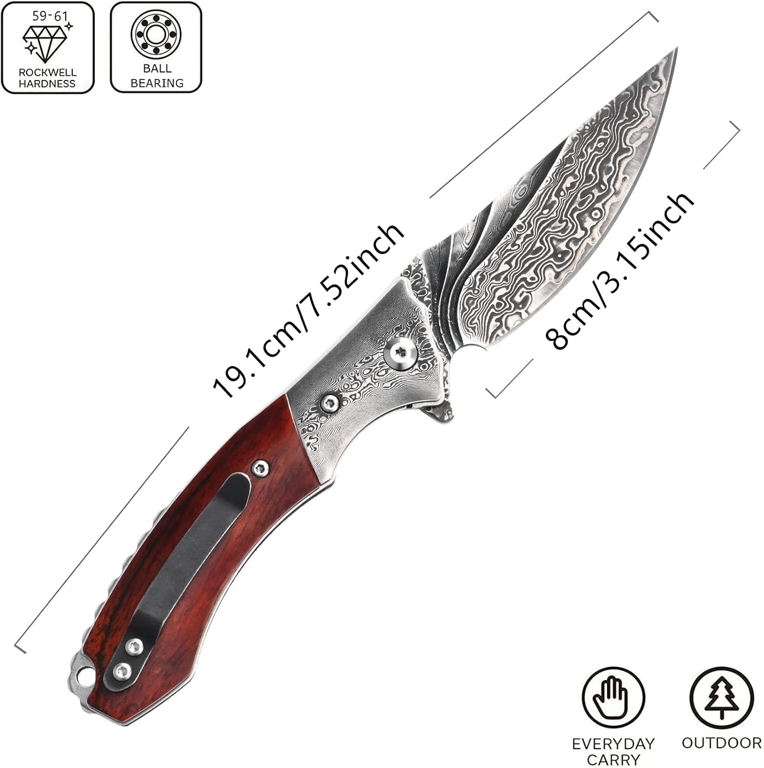 Sitivien ST253 Damascus Folding Knife,VG10 Damascus Steel Blade,Dalbergia Handle EDC Tool Knife for Men Outdoors Camping Fishing