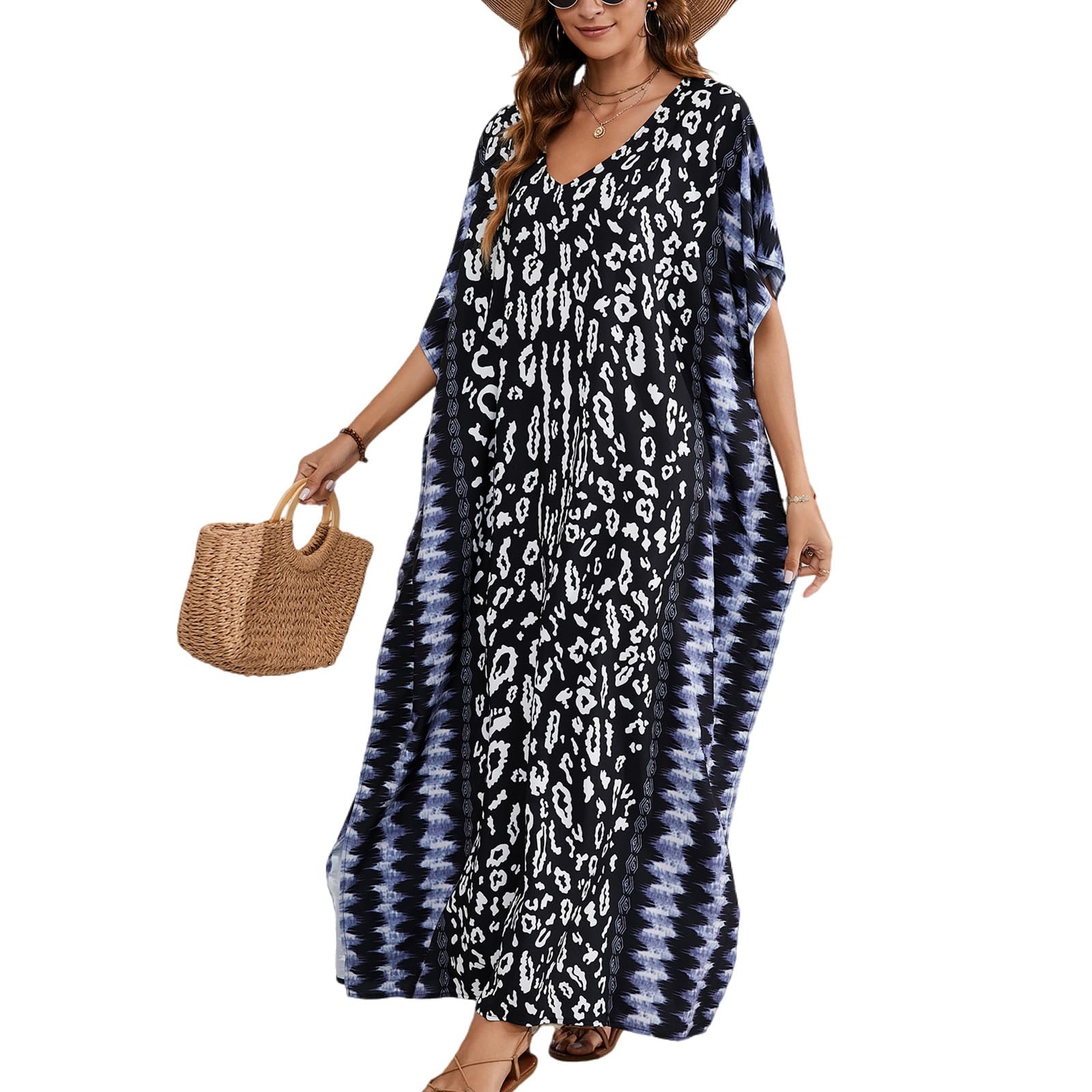 KAICAILA Plus Size Boho Kaftan Dress - Beach Cover Up with Batwing Sleeves (Black Wild Chase)