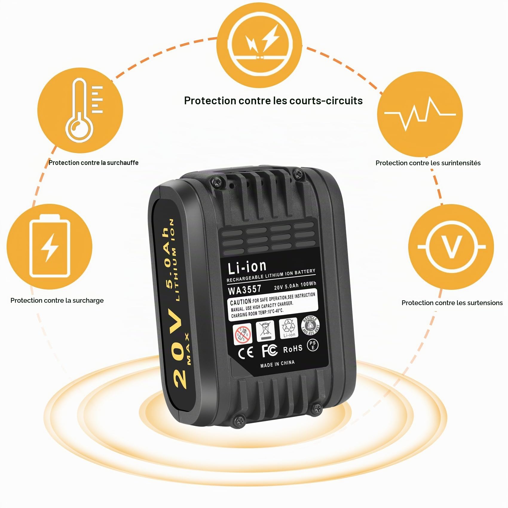 5.0Ah WA3553 Batterie de Remplacement pour Worx 20V Li-ION Batterie