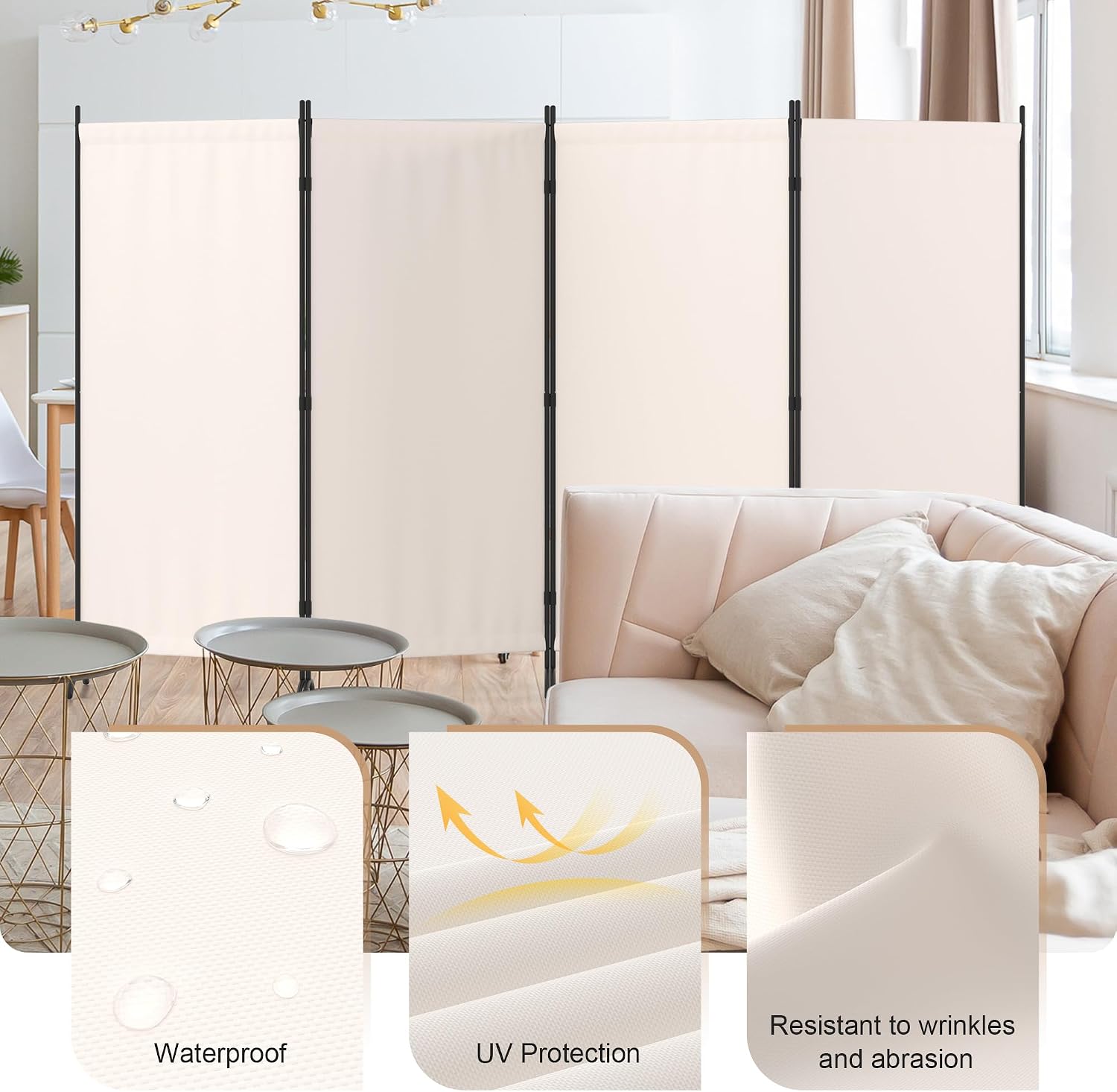 Room Divider, 4 Panel Privacy Screens, 135” Portable Room Dividers with Metal Feet, 6FT Folding Partition Divider for Room Separation LightweightWall Divider Screen for Bedroom Office (Beige)