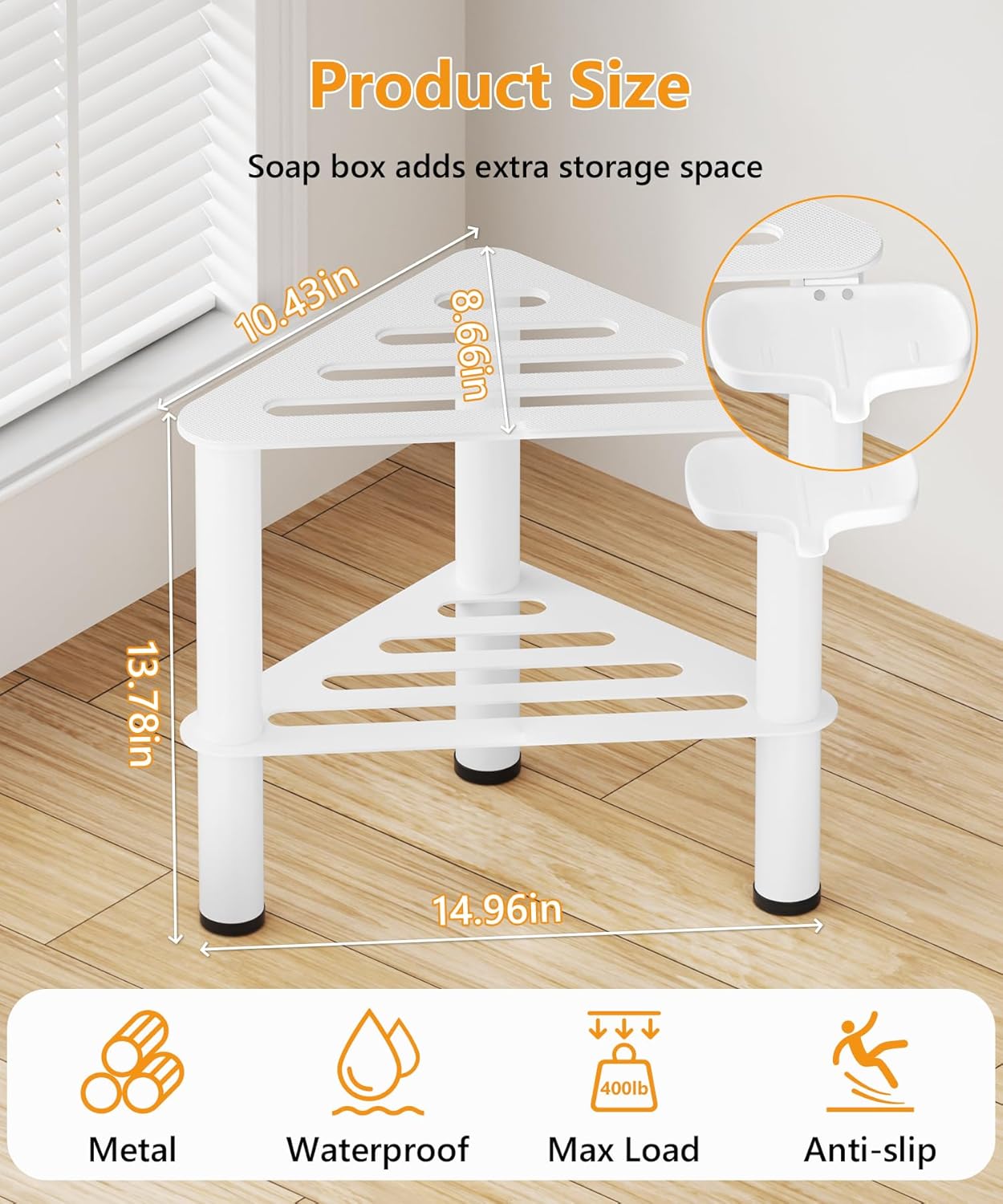 Metal Corner Shower Stool for Bathroom with Soap Box, Waterproof & Rustproof, Double Layer Inside Shower Rest Bench for Shaving Legs, Bathroom Stool, Spa Foot Step, Small Step Stools (White)