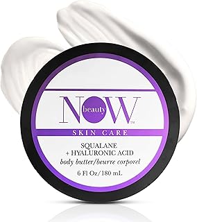 NOW Beauty Squalane Body Butter - Squalane and Hyaluronic Acid Body Lotion with Hydrating Coconut Oil and Shea Butter - Luxurious, Moisturizing, Non-Greasy Cream for Dry Skin - 6 oz