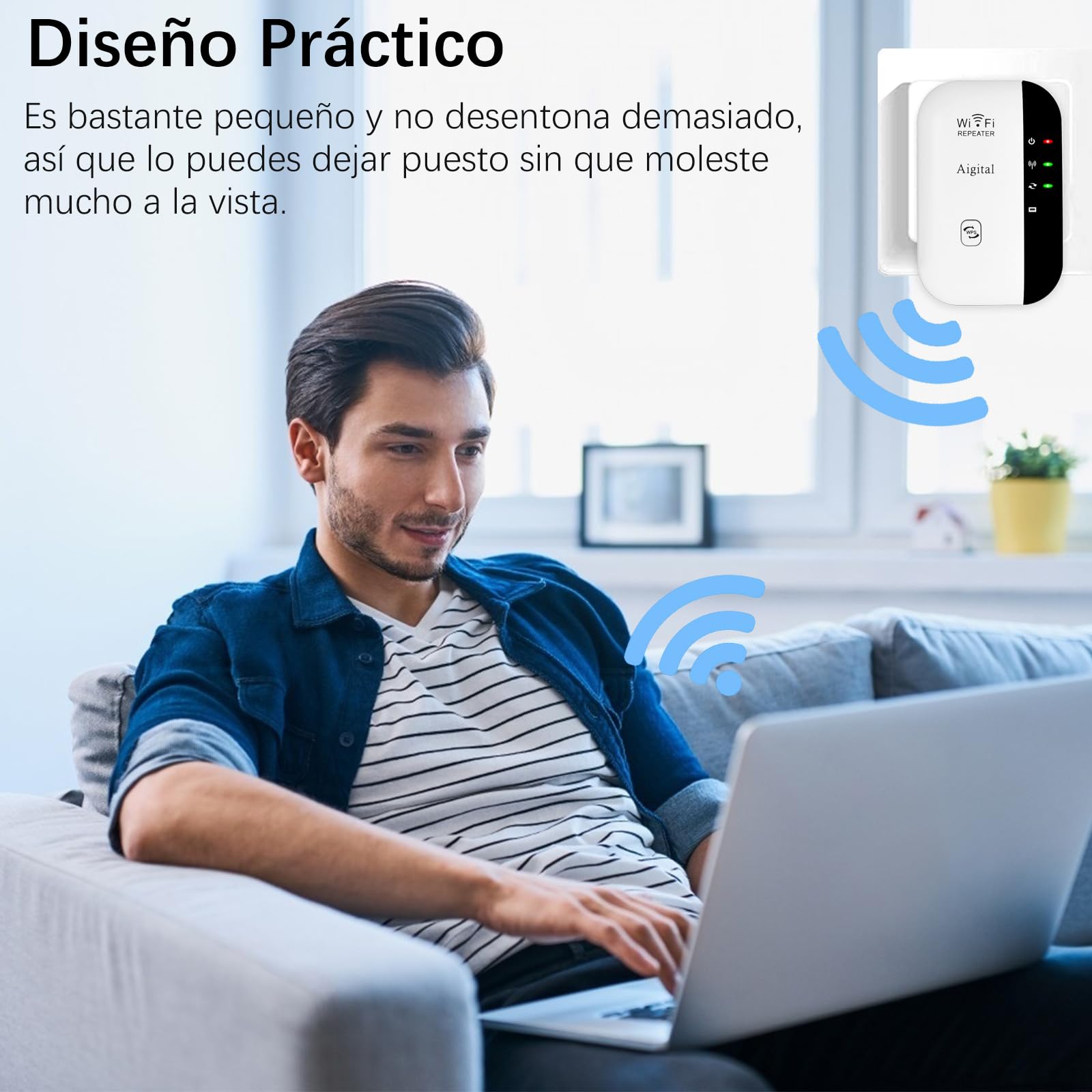 Repetidor WiFi 300Mbps 2.4 GHz, Amplificador y Extensor de Red WiFi Cobertura de hasta 120m², Modo Ap, WPS Botón, Puerto Ethernet, Antenas Internas- Blanco