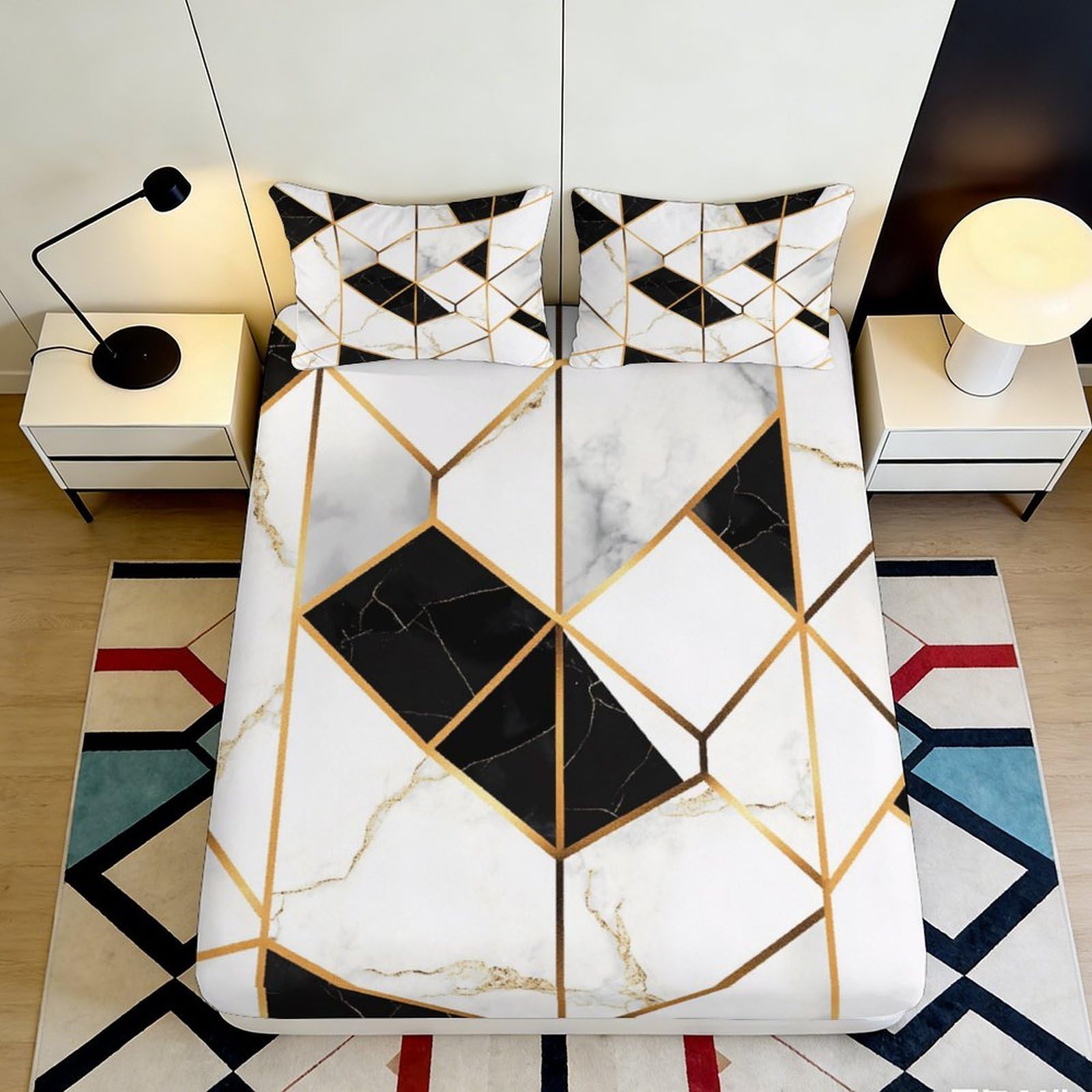 3D Printed Geometric Marble Fitted Sheet Microfiber Black Gold Abstract Mattress Cover for Bedroom Guest Room Decor 90x200x25cm