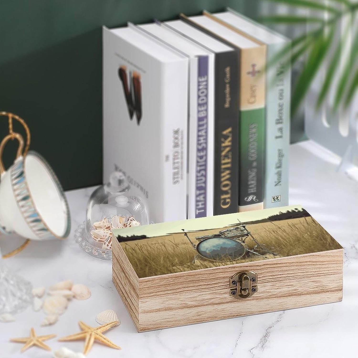 Small Wooden Storage Box with Lid - 7.9x3.9x2.3 Inch Music Drum in Field Jewelry Box Vintage Keepsake Boxes Portable Jewelry Organizer Wood Trinket Box for Photos, Letters, Gifts image 4