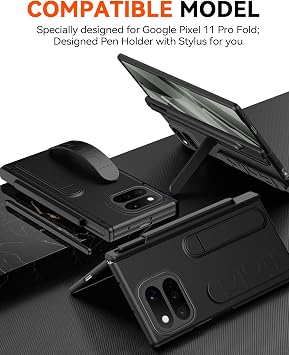 フィンガーストラップ Google Pixel 11 Pro フォールドケース ペンホルダー&スタイラス付き、オールラウンドヒンジ保護スクリーンプロテクター キックスタンド マットスリムケース Google Pixel 11 Pro用 フォールドブラック