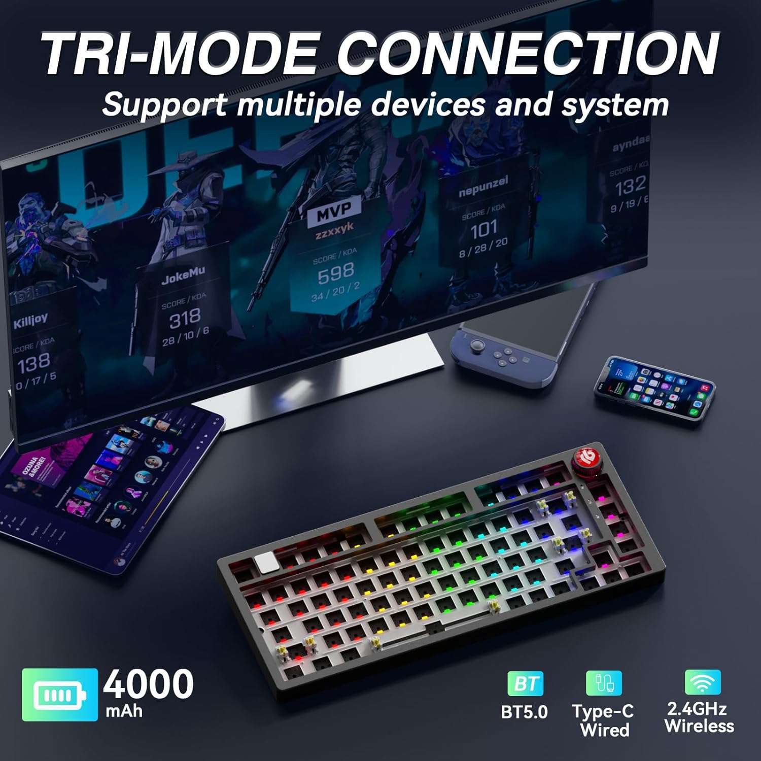 LEOBOG Hi75C Pro Wireless Mechanical Keyboard Kit – Aluminum Alloy Gasket Mount 75% Barebones DIY Base with Hot Swap, RGB Backlighting & Volume Knob – Enhanced Custom Gaming Keyboard Build, 4000mAh