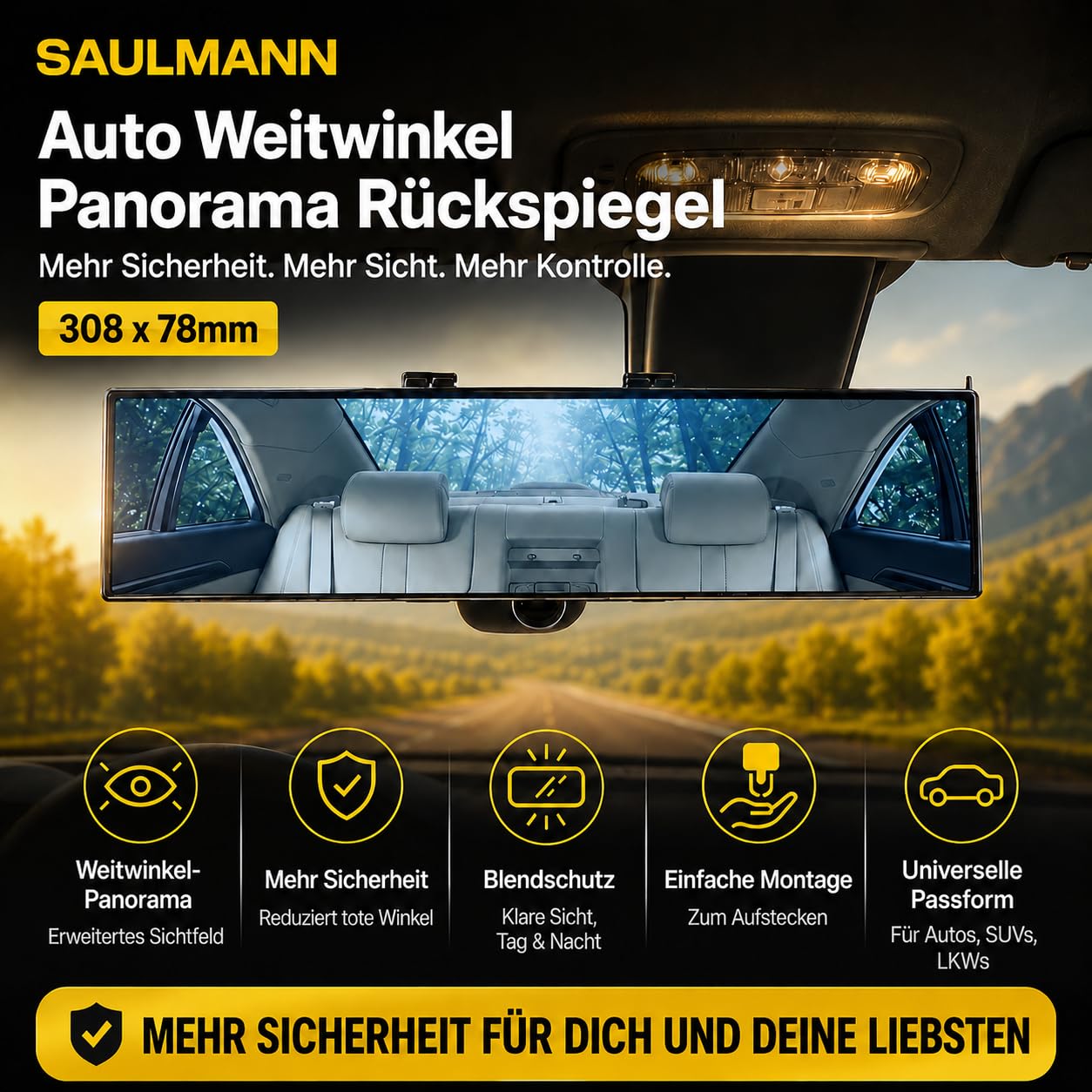 SAULMANN Rétroviseur panoramique pour voiture - Grand angle - 308 x 78 mm - Universel à clipser - Protection contre l'éblouissement - Bonne solution pour les angles morts - Pour voitures, SUV, camions