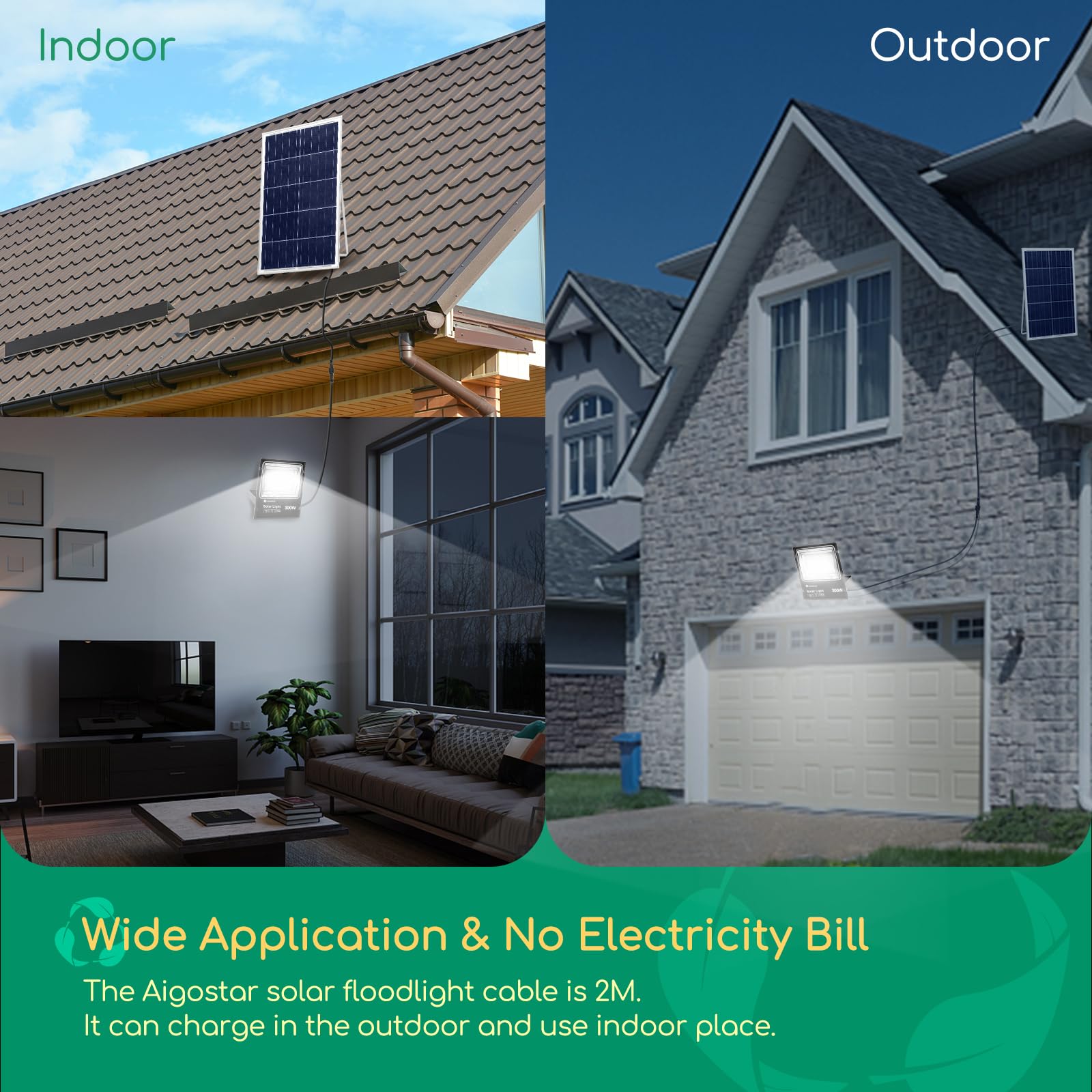 Aigostar - Foco proyector LED solar con mando a distancia，300W，6500K luz blanca.Resistente al agua IP66.Perfectos para interior y exterior jardín，patios，caminos o garajes，Longitud de cable 2M.