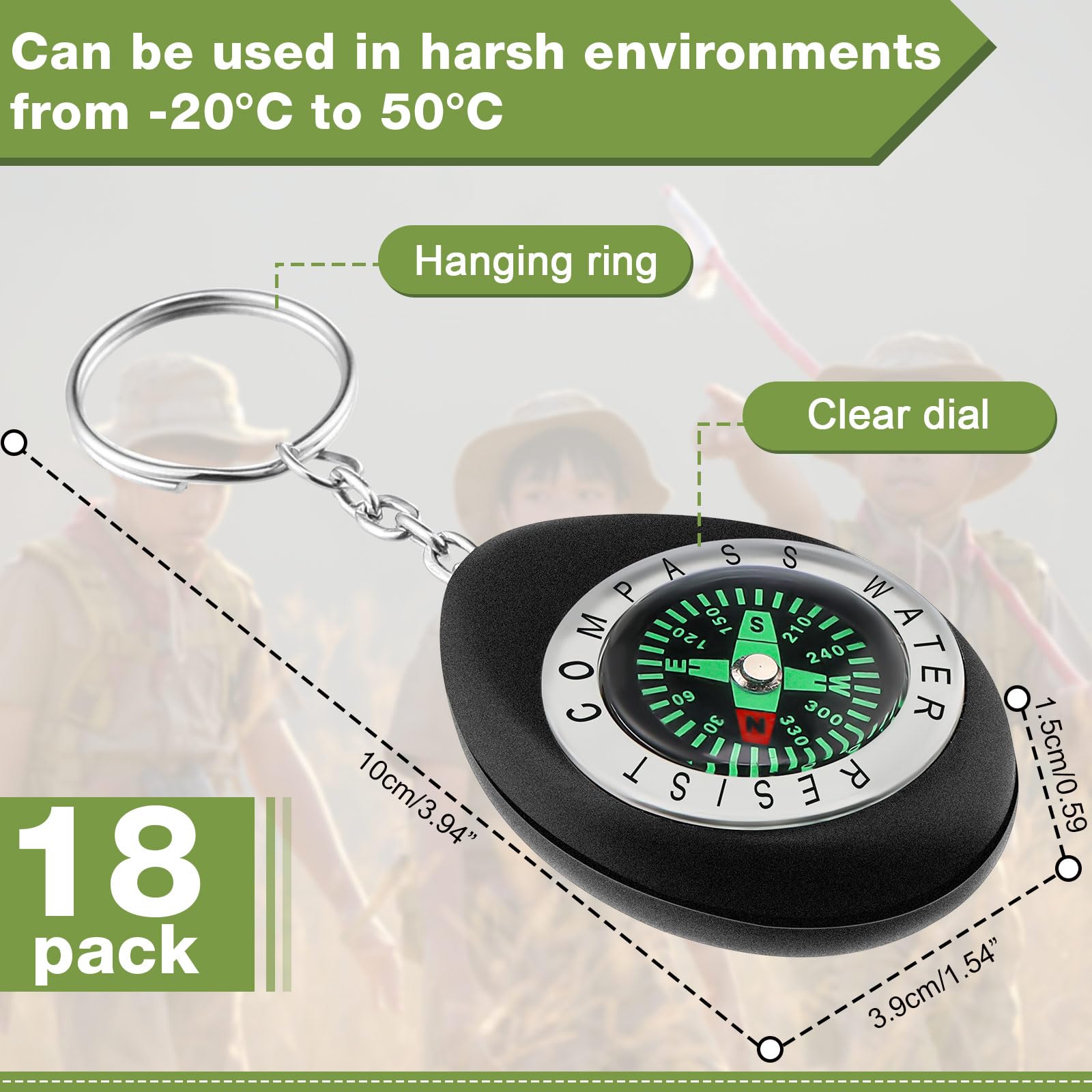 Janinka 18 Pcs Small Keychain Compass for Kids Mini Pocket Survival Compass Bulk for Outdoor Hiking Camping Hunting Climbing(Black)
