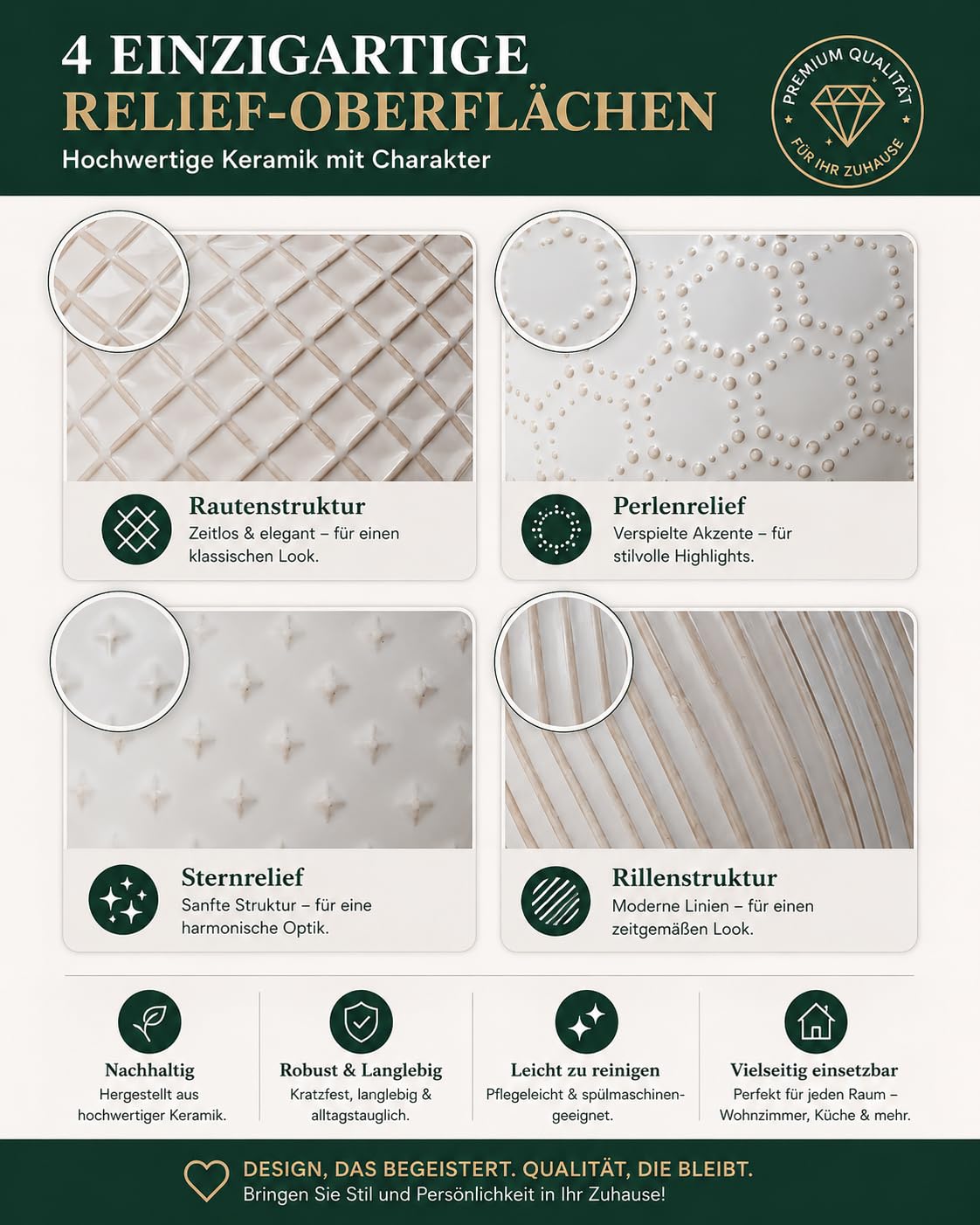 12-teiliges Keramik Geschirrset für 4 Personen, Steinzeug Teller & Schalen Set, Mikrowellen- & Spülmaschinengeeignet, Kratzfest & Bleifrei, Modernes Streifen Design, Weiß