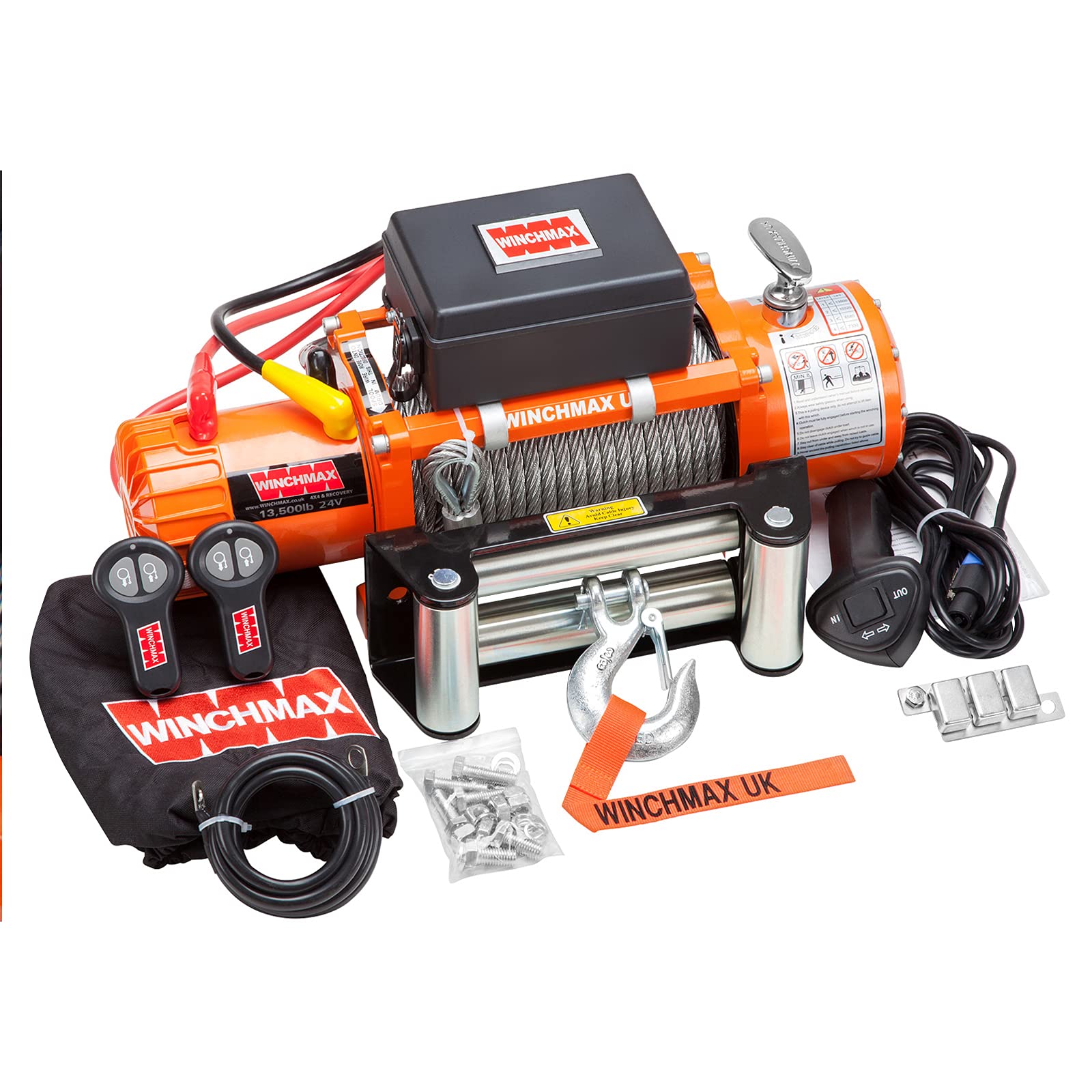 Winchmax 13500 lb / 6123 kg Verricello Elettrico Originale Arancione 24v. Fune in Acciaio da 26 m x 9,5 mm. Gancio a Cerniera da 3/8 di Pollice. Piastra di Montaggio passacavo e Base Piatta.