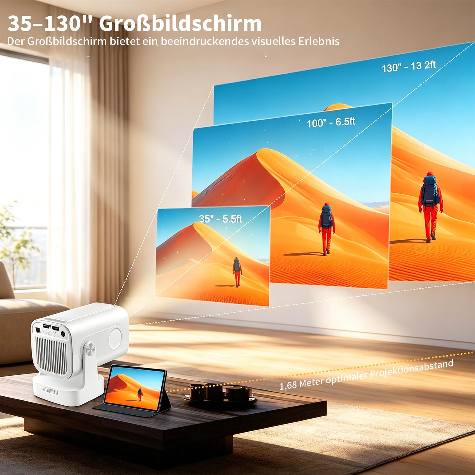 Mini Beamer 4K 1080P Unterstützt, Smart Projector WiFi 6 BT 5.4,Mini Projektor Automatische Trapezialkorrektur,Tragbarer Projektor für Zuhause und draußen,Beamer für HDMI/TV Stick/USB/Laptop,Weiß