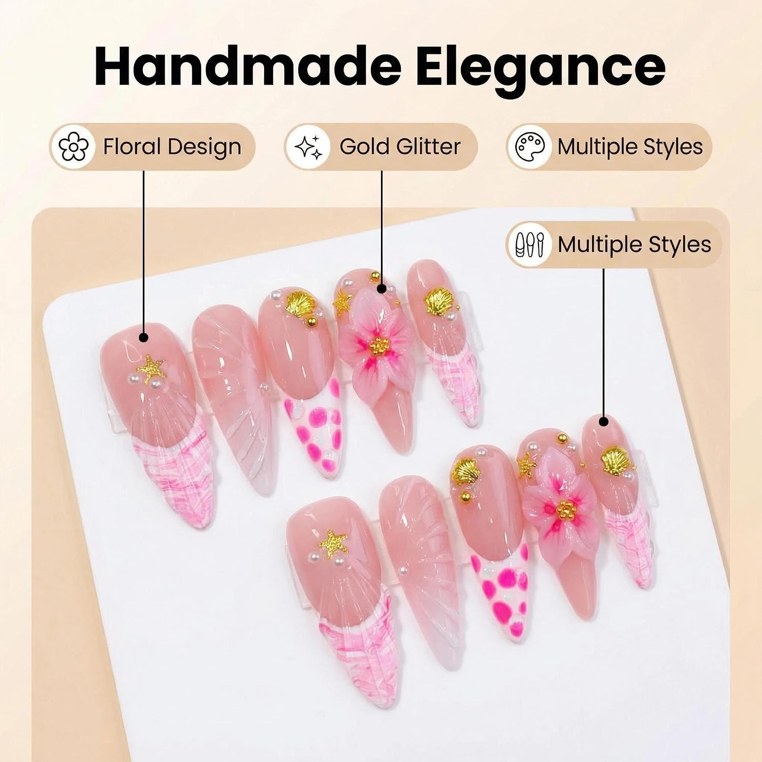 Handmade Press on Nails Pink French Tip Fake Nails Long Stiletto False Nails with 3D Flower Beach Designs Charm luxury Artificial Nails for Women (Size M）10pcs