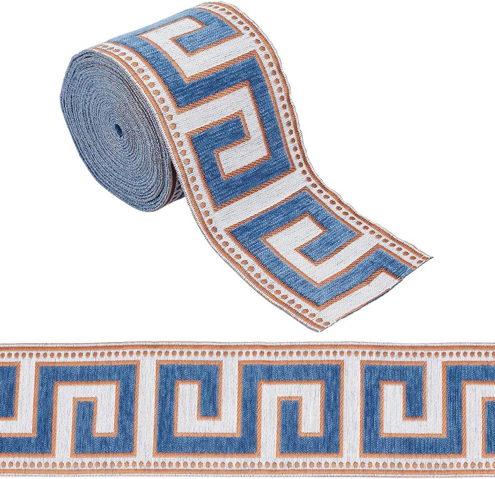 OLYCRAFT 4.37 Yard Embroidered Drapery Trim 3-5/8 Inch Wide Polyester Jacquard Grid Ribbon Blue Geometric Jacquard Ribbons Great Wall Grid Curtain Trim for DIY Sewing Crafts Clothing Decoration
