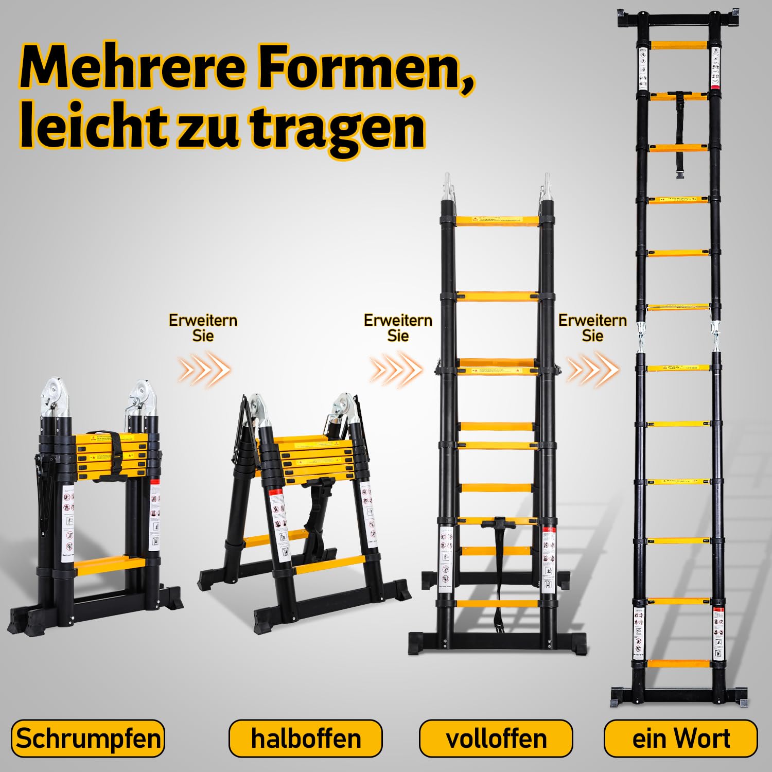 Eulenke teleskopleiter klappleiter 2,5M+2,5M Aluleiter 8+8 Stufen Stehleiter Klappleiter, 150 kg Belastbarkeit, Teleskop Ausziehleiter Haushaltsleiter, Leiter ausziehbar Schwarz Gelb
